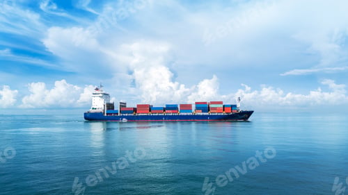 Preview: Large container cargo ship sailing across calm blue sea under bright sky