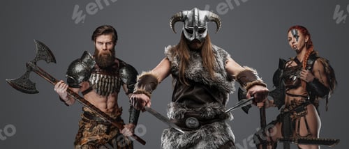 Preview: Furious viking with fur and male and female comrades