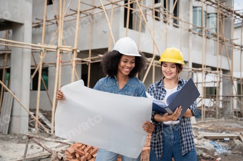 Preview: The engineer manager and the female foreman are standing on the building site.