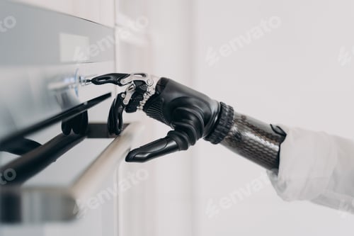 Preview: Oven opening with cyber arm prosthesis grasp. Disabled person amputee going to cook.