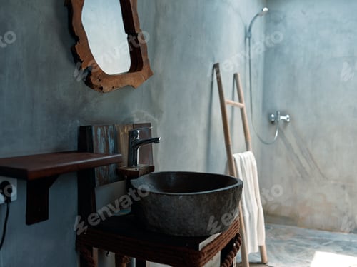 Preview: Modern bathroom interior with sleek sink, large mirror, wooden stool, and spacious shower area