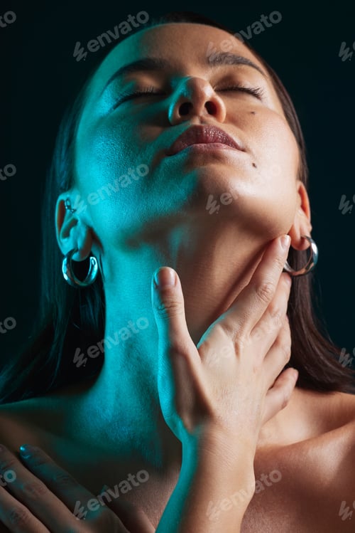 Preview: Neon, beauty and face of studio woman with natural cosmetics, artistic creativity or feeling soft s