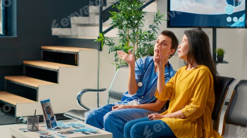 Preview: Female nurse and asian patient looking at futuristic hologram