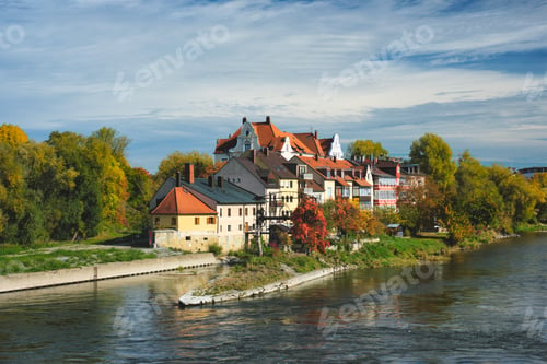 Preview: Houses along Danube River. Regensburg, Bavaria, Germany
