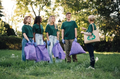 Preview: Group of people volunteers gathering garbage in park