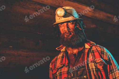 Preview: Male Miner Wearing Lit Safety Helmet Lamp Leaning Against Wooden Wall In Plaid Shirt And Looking