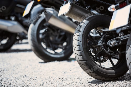 Preview: Motorcycle Luxury Items Close-Up: Headlights, Shock Absorber, Wheel, Wing, Toning.