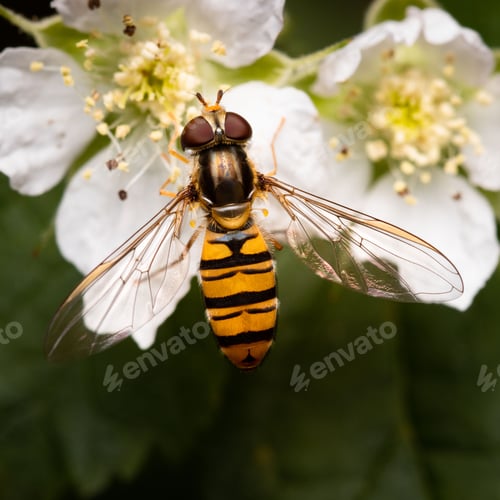 Preview: Macro shot of Episyrphus balteatus, the marmalade hoverfly on flowers.
