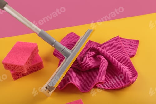 Preview: Set for cleaning windows and other surfaces on yellow background