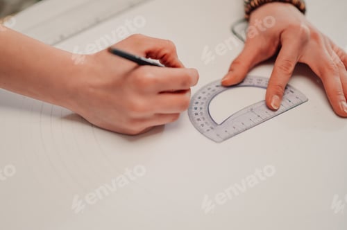 Preview: Designers using protractor and pencil drawing sketches on white paper