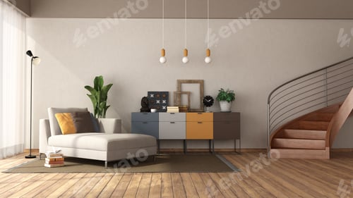 Preview: Modern living room with chaise lounge and staircase