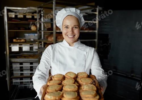 Preview: Woman chef with tray of appetite delicious pastry standing at bakery kitchen