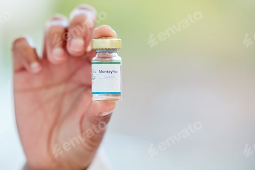 Preview: Healthcare, vaccine and hand with monkeypox treatment for cure, breakthrough and innovation on blur
