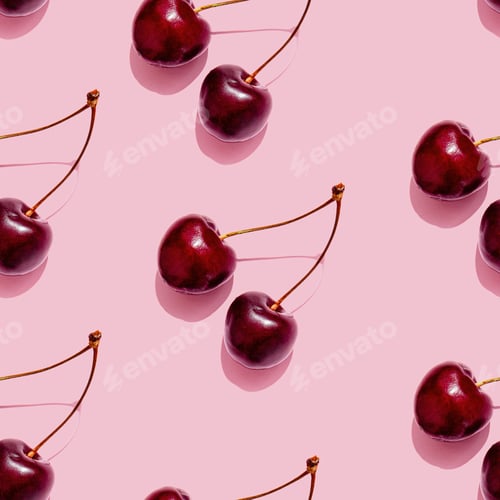 Preview: Seamless Pattern of Fresh Cherries on Pink Background