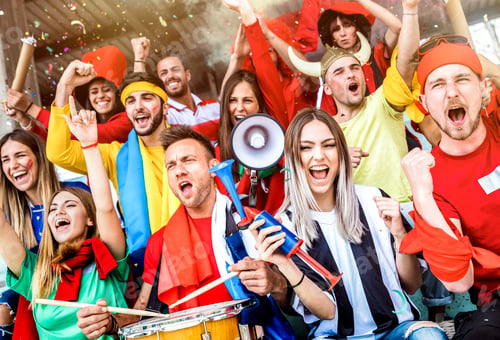 Preview: Football supporter fans friends cheering and watching soccer cup match