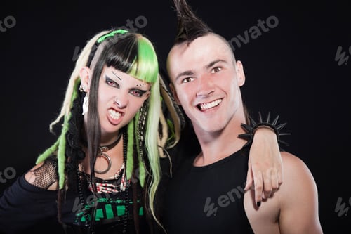 Preview: Couple Of Cyber Punk Girl With Green Blond Hair And Punk Man With Mohawk Haircut. Expressive Faces