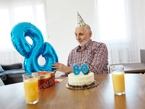 Preview: senior man birthday celebration cake party alone sad loneliness
