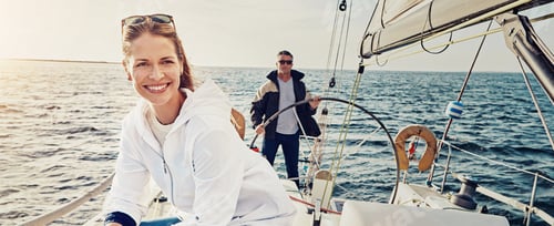 Preview: Ocean, banner and couple on boat for travel, vacation and holiday with summer adventure in Greece.