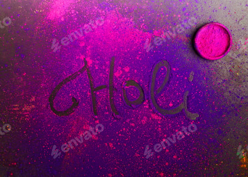 Preview: top view of Holi symbol on surface with pink powder, Hindu spring festival