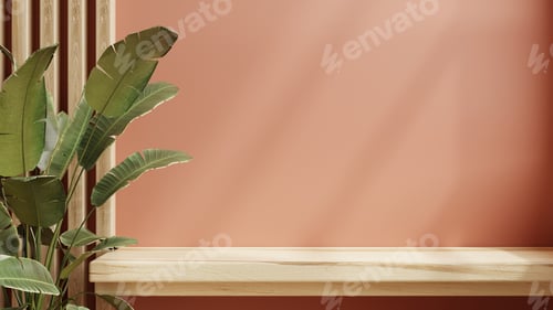 Preview: Wood shelf mockup in modern empty room, living coral color wall.