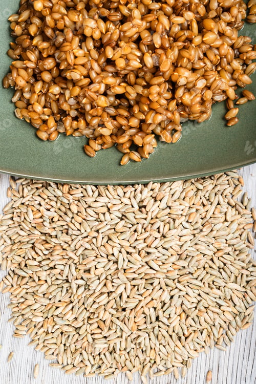 Preview: whole rye grains and porridge on plate close up