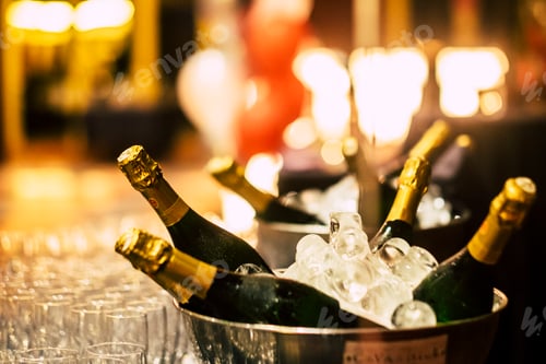 Preview: Night event party celebration concept with fluts glasses and wine champagne bottles