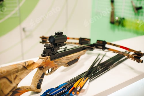 Preview: crossbow with arrows for shooting at a shooting range.Weapons for shooting at a shooting range