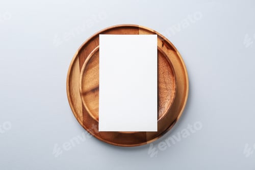 Preview: Blank invitation card and wooden tray on light grey background, top view