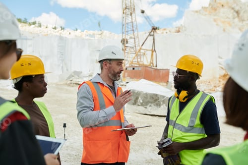 Preview: Confident middle aged foreman with document giving working instructions