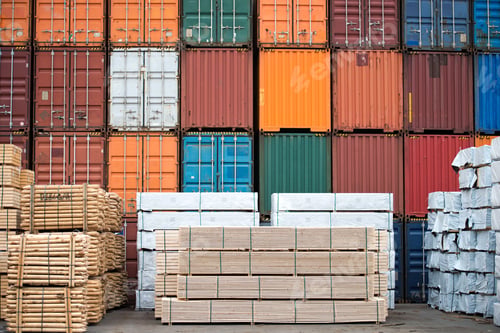 Preview: Containers and neatly stacked timber stock.