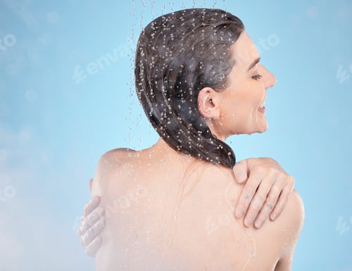 Preview: Shower, happy and beauty of wellness woman with body cleaning, self care and grooming routine. Heal