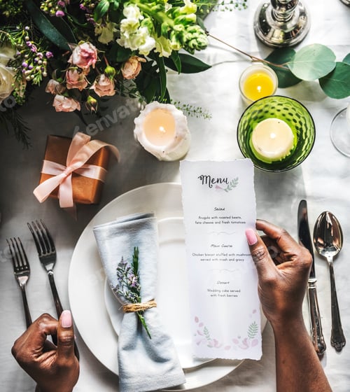 Preview: Elegant Restaurant Table Setting Service for Reception with Menu Card