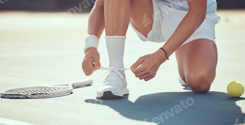 Preview: Tennis sports athlete tie shoes to prepare for exercise, fitness or competition training on tennis