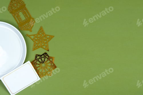 Preview: Blank White Plate And Blank Card With Gold Muslim Decoration On Green Sage Background