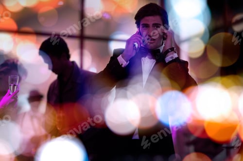 Preview: Man talking on his phone on a party