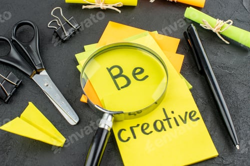 Preview: bottom view be creative written on yellow sticky notes scroll sticky notes scissors binder clips pen