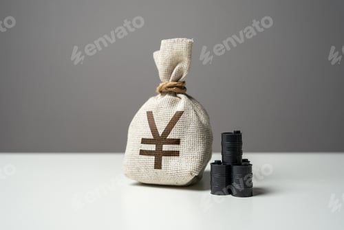 Preview: Oil barrels and japanese yen money bag.