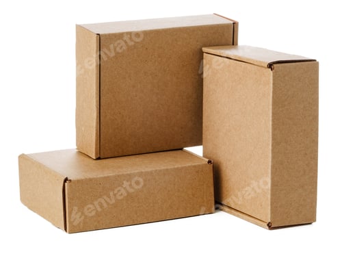 Preview: Stacked brown cardboard boxes in various sizes arranged on a white background