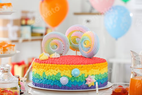 Preview: Bright birthday cake and other treats on table in decorated room