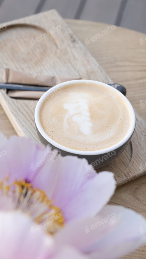 Preview: Coffee cup with pion. Cappuccino or latte on wooden table angle view.