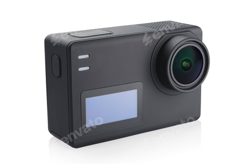 Preview: Black small action camera isolated on white background.