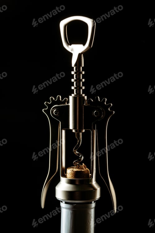 Preview: Bottle of wine and corkscrew over dark background