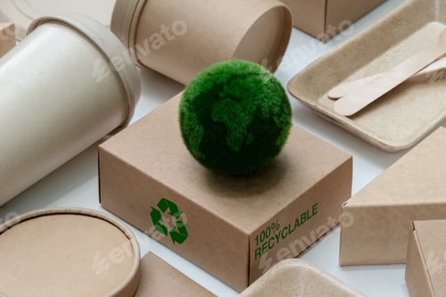 Preview: Eco Friendly Packaging for a Sustainable Future. Green earth on cardboard box with a recycling sign