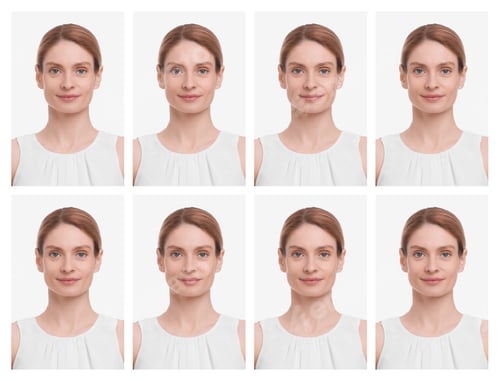 Preview: Portrait of woman on white background, set. Passport photo
