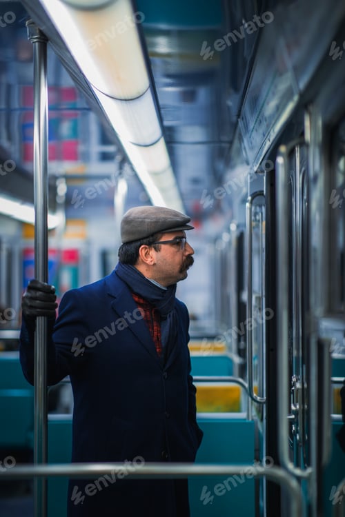 Preview: Paris, France, January 12 2022 A capped Moustached man in a journey with public transport.