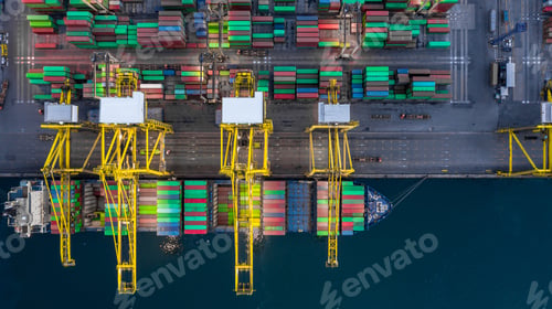 Preview: Aerial top view container ship at terminal commercial seaport freight shipping maritime vessel.