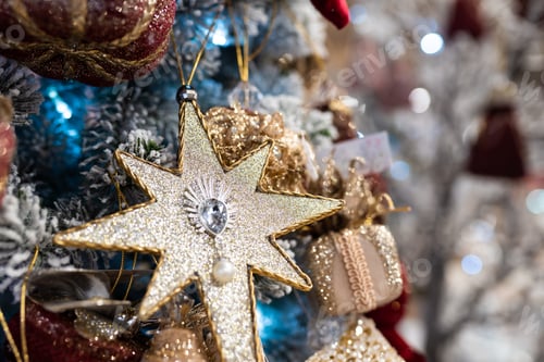 Preview: Different object toy gifts hanging on a decorated Christmas tree