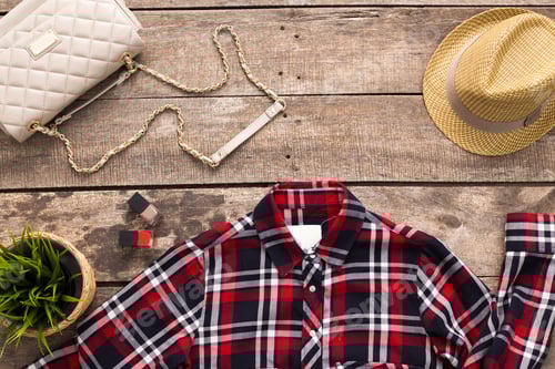 Preview: Female fashion clothes and accessories on wooden board top view