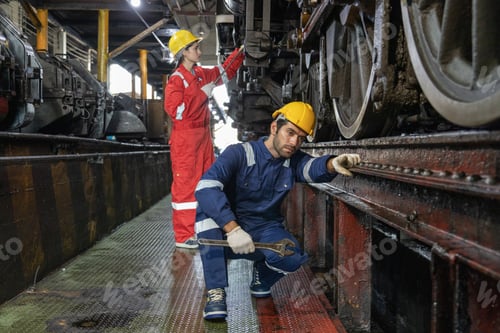 Preview: Engineer train Inspect the train's diesel engine, railway track in depot of train