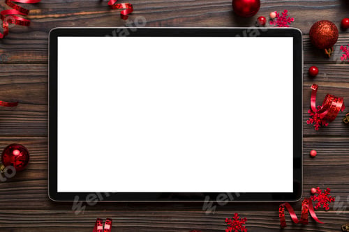 Preview: Christmas online shopping from home tablet pc with blank white display